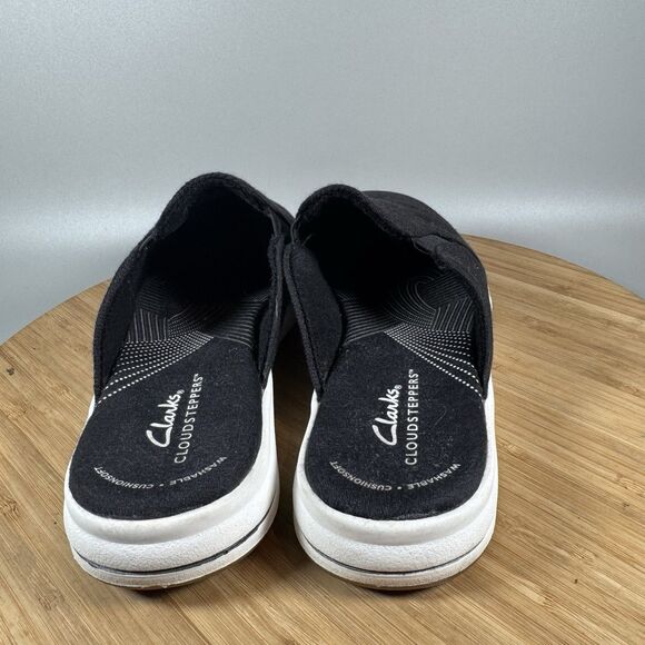 S Clarks Cloudsteppers Canvas Mules Breeze Shore Black Slip Women Size 7.5 - Picture 4 of 6